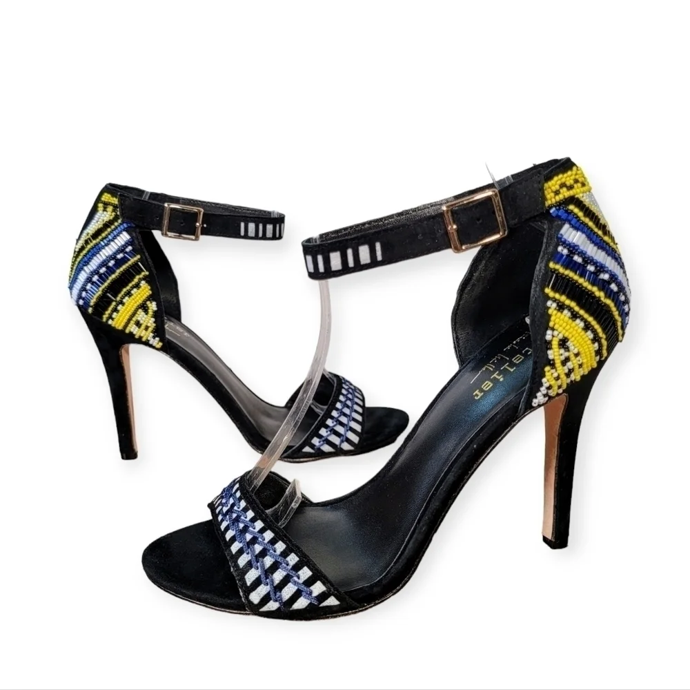 Nicole Miller Beaded Heels Multi Color Seed Bead Black Leather Stiletto Size 7.5